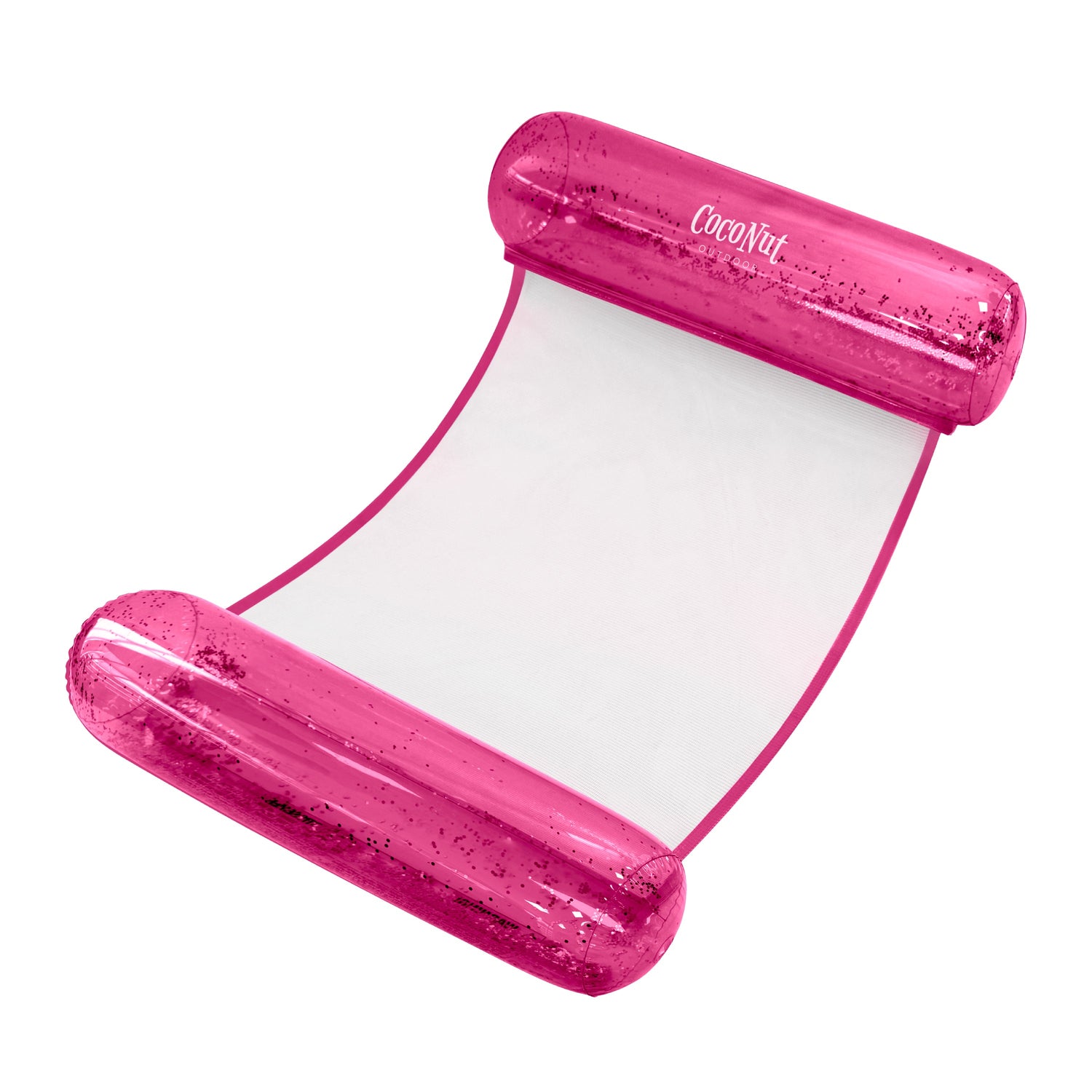 Pink inflatable pool float with clear center on a white background