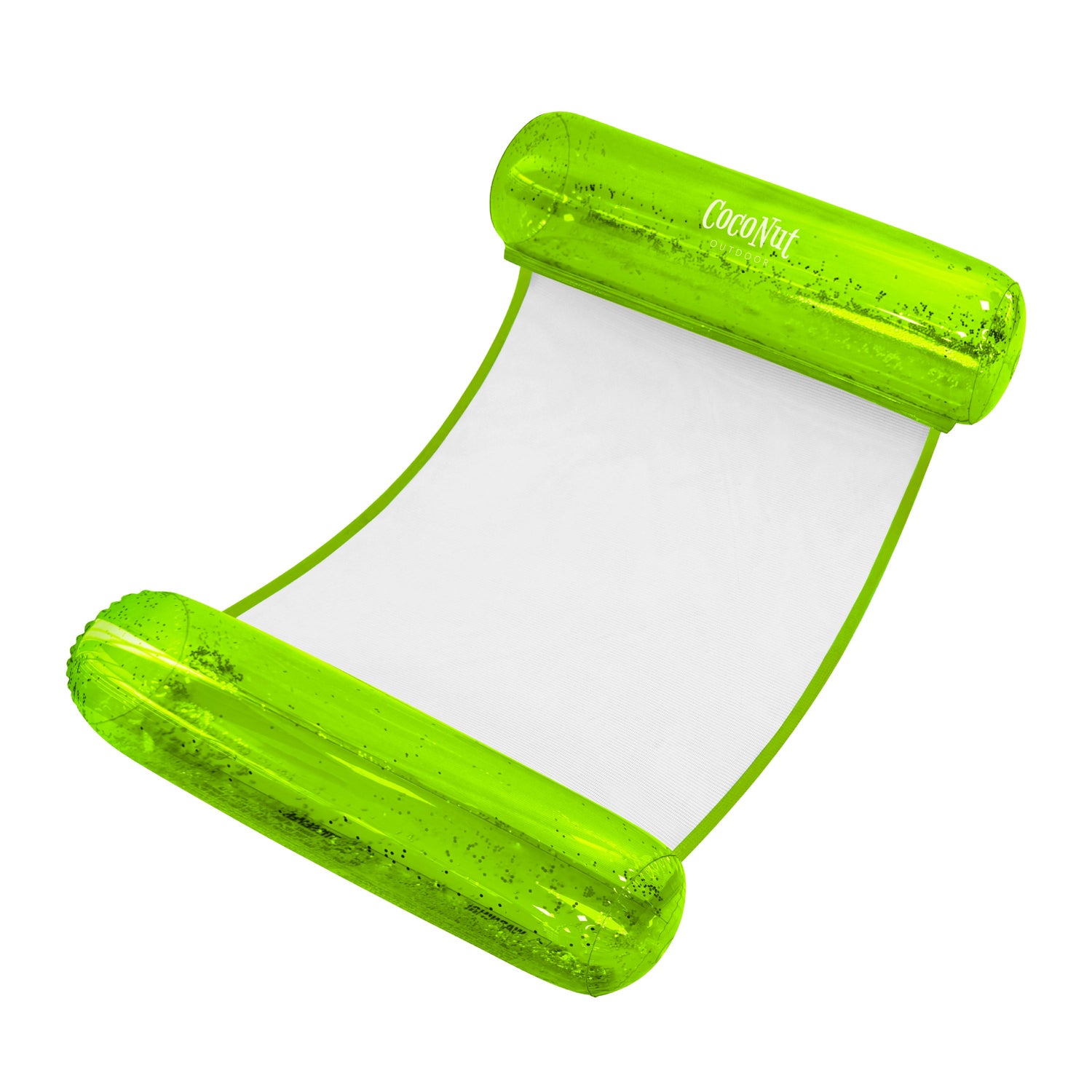 Green inflatable pool float with a white sheet on a white background