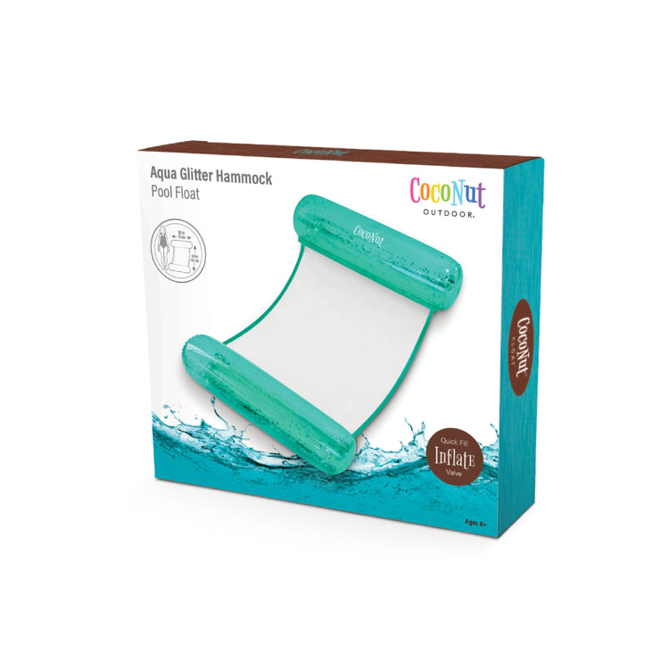 Coconut Outdoor Aqua Glitter Hammock Pool Float packaging on a white background