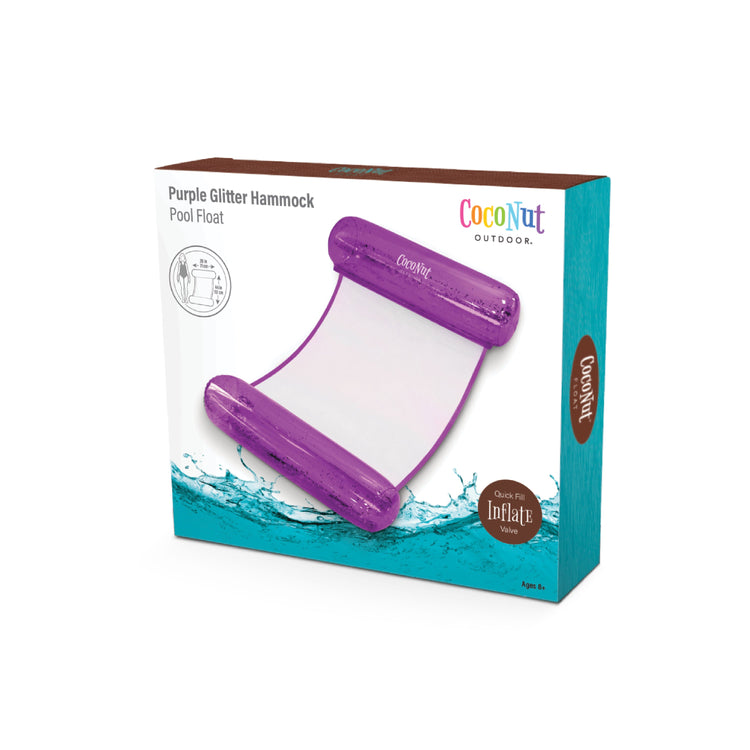 Packaging of a purple glitter hammock pool float with Coconut Outdoor branding.