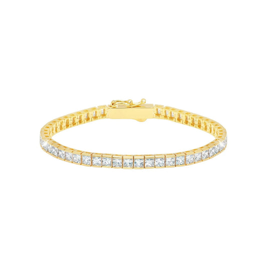 Gold bracelet with clear gemstones on a white background