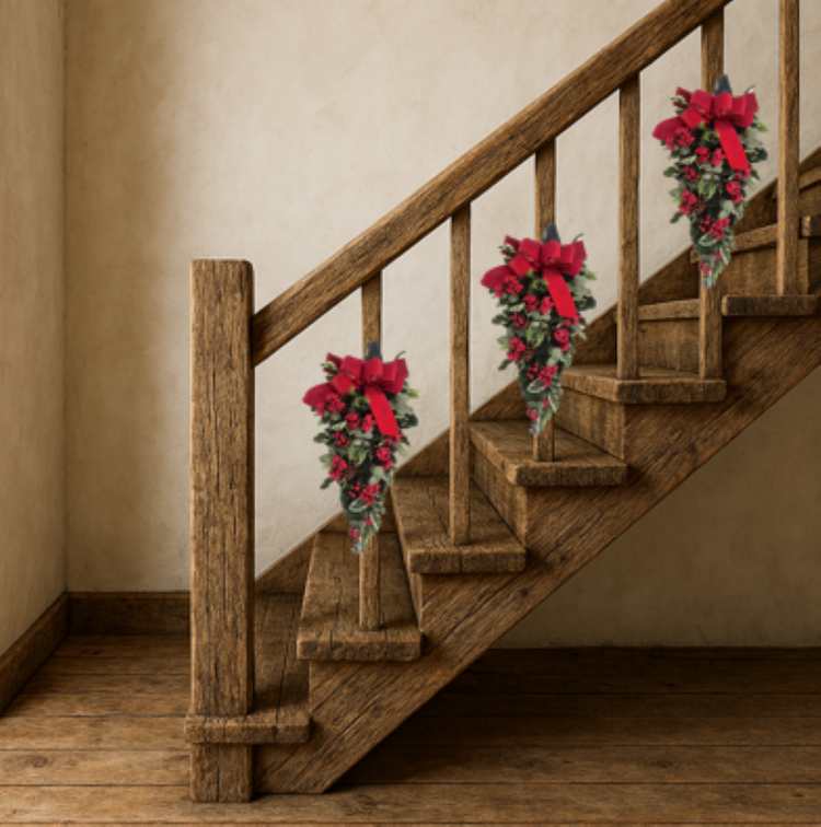 Wooden staircase with decorative red and green wreaths on each step against a beige wall.