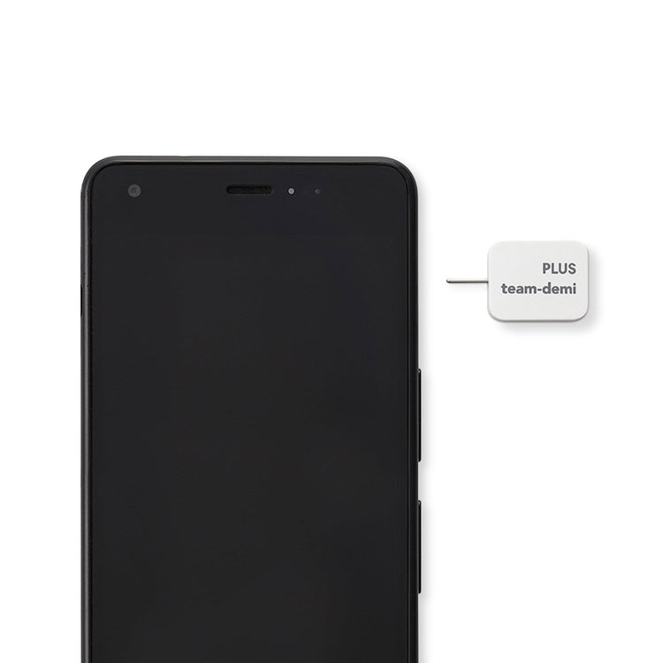 Black smartphone with a small white device labeled 'PLUS team-demi' on a white background
