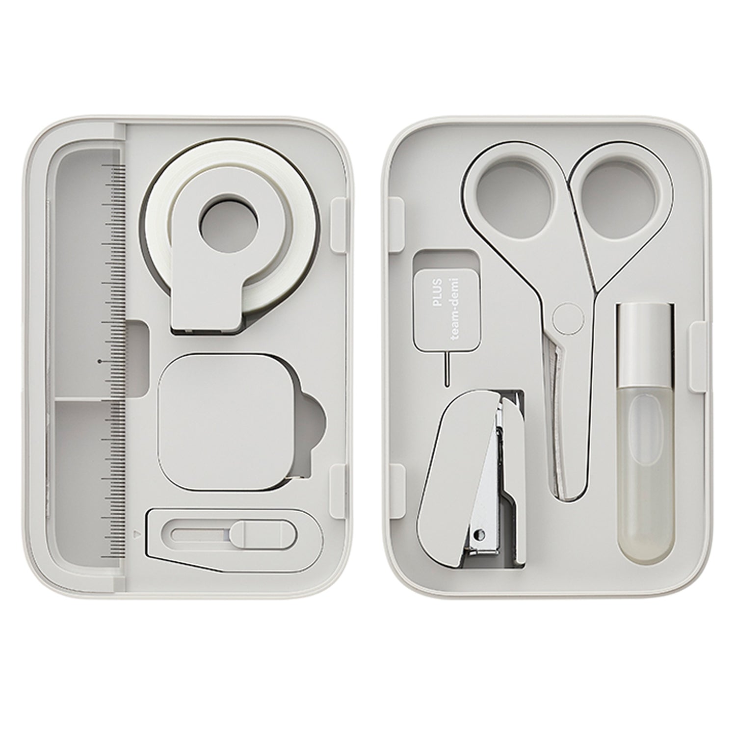 A compact nail care and grooming kit shown open, with two light gray plastic cases side by side on a white background. The left case contains a ruler, circular nail file, cuticle tool, and small spatula.