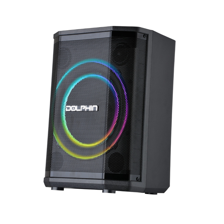 Black speaker with colorful RGB lighting on a white background