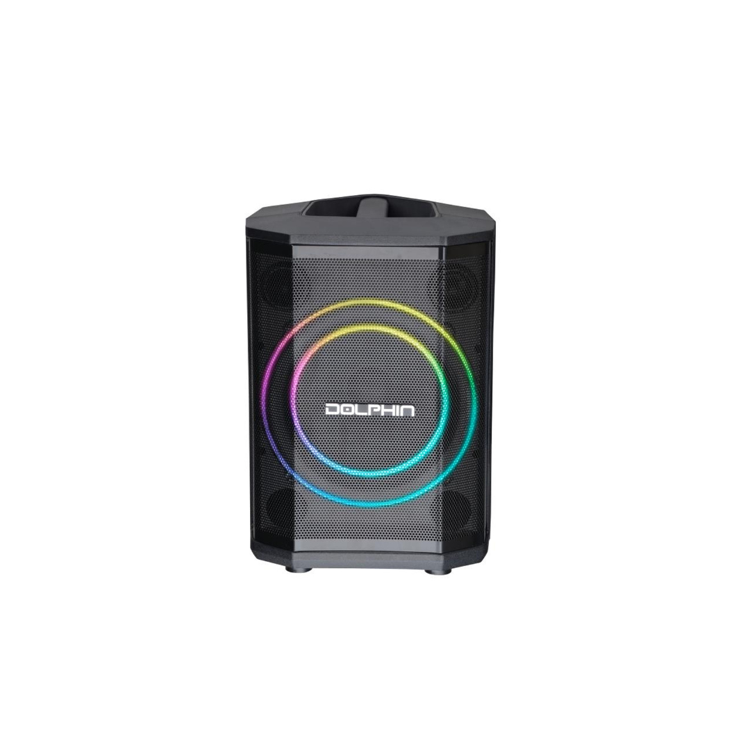 Black portable speaker with colorful circular design on a white background