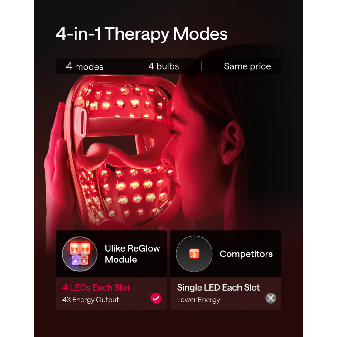 Red light therapy device with text on 4-in-1 therapy modes and module comparison.