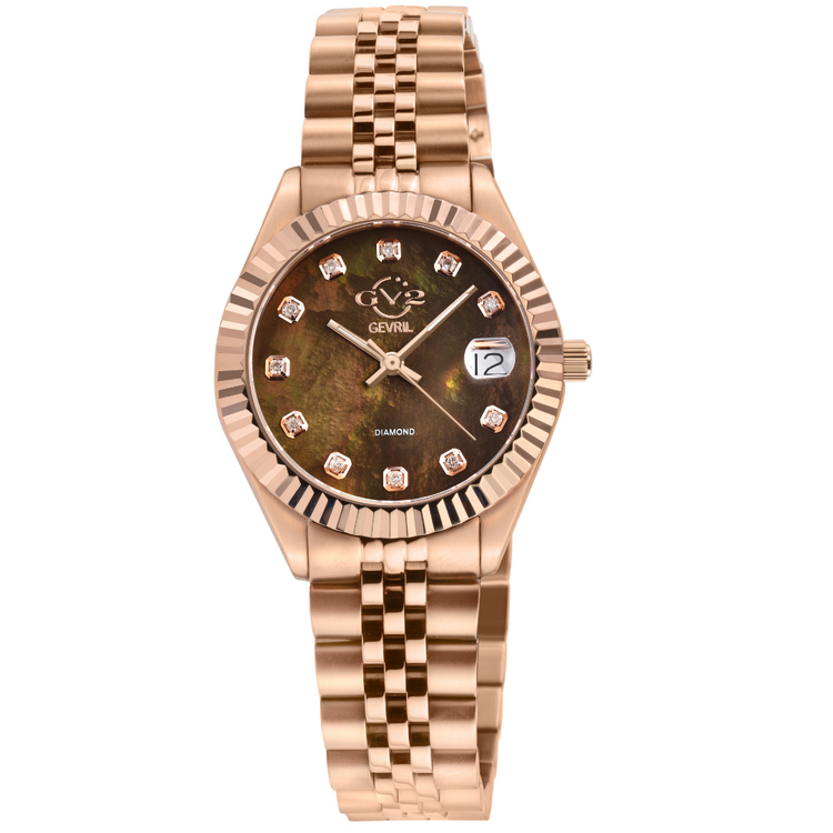 Rose gold watch with diamond-studded face on a white background
