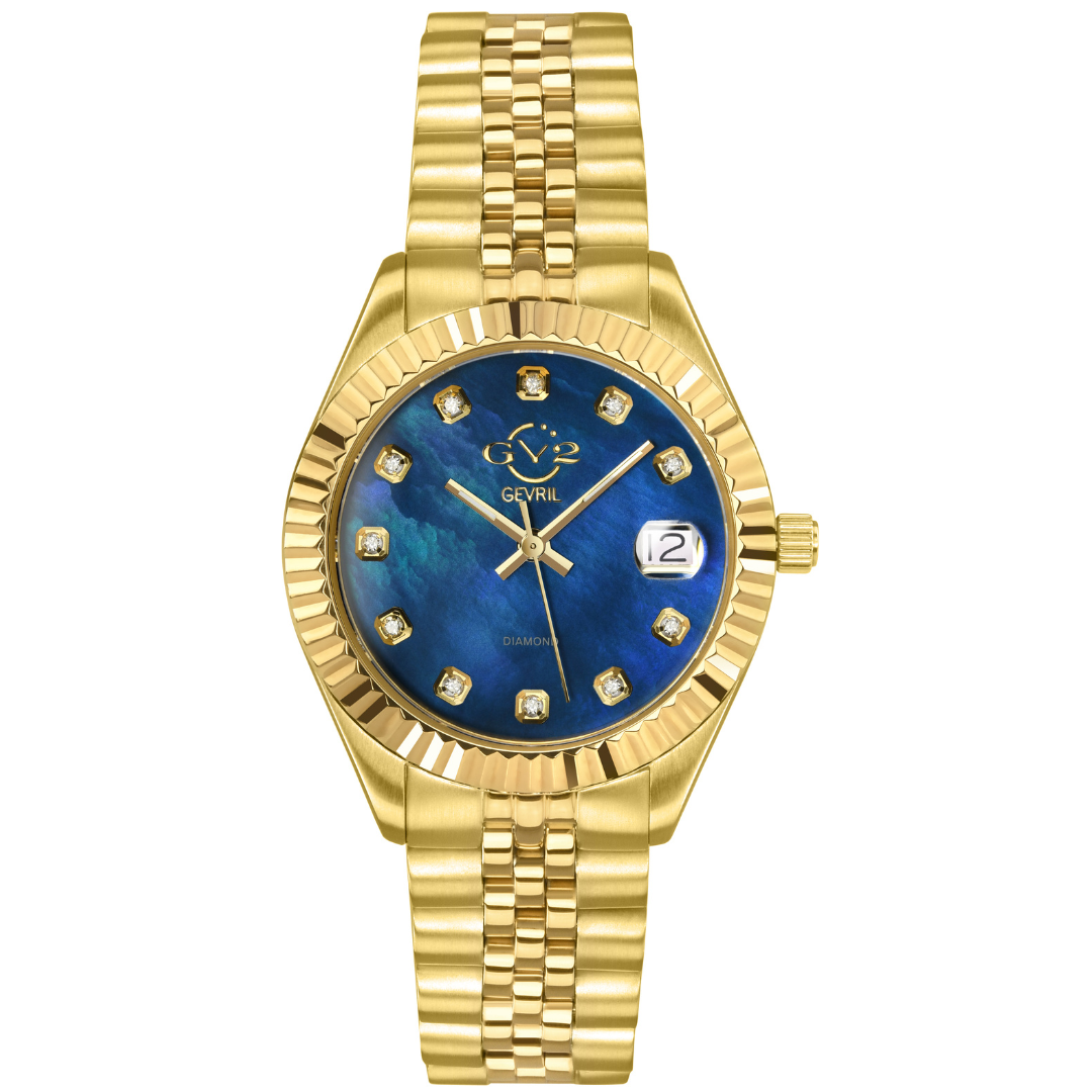 Gold wristwatch with a blue face and diamond accents on a white background