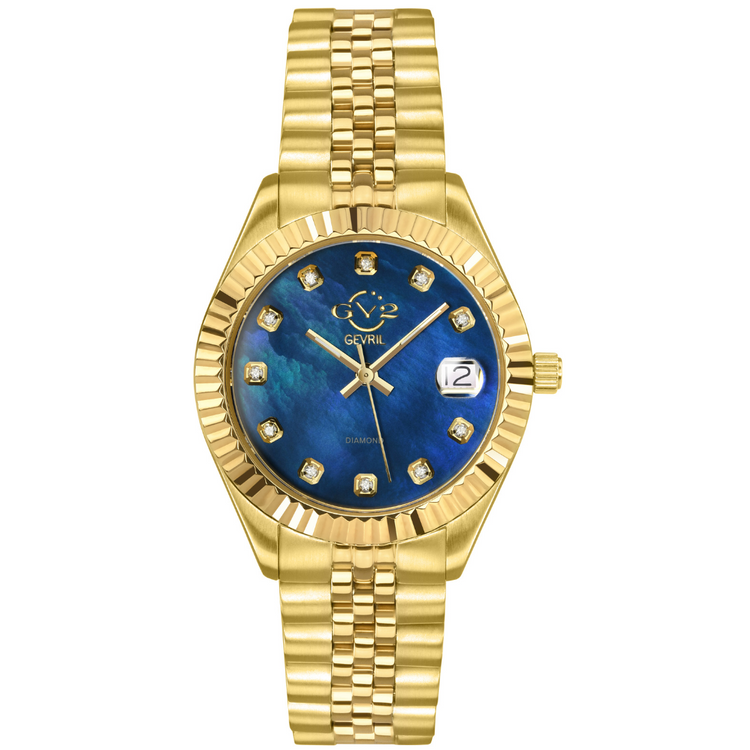 Gold wristwatch with a blue face and diamond accents on a white background