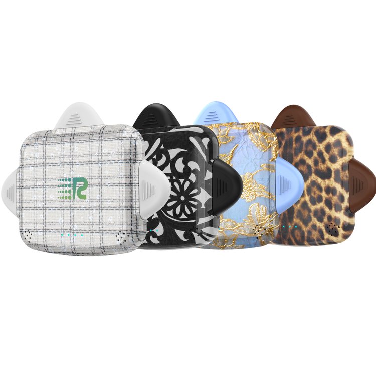 Five different patterned cases on a white background