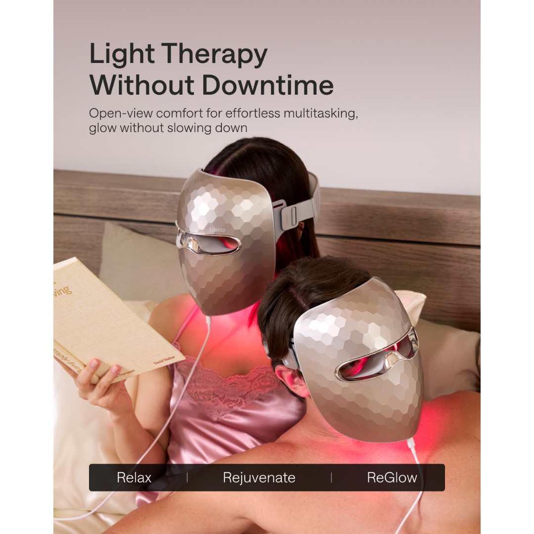 Two people wearing LED face masks with text about light therapy and multitasking.