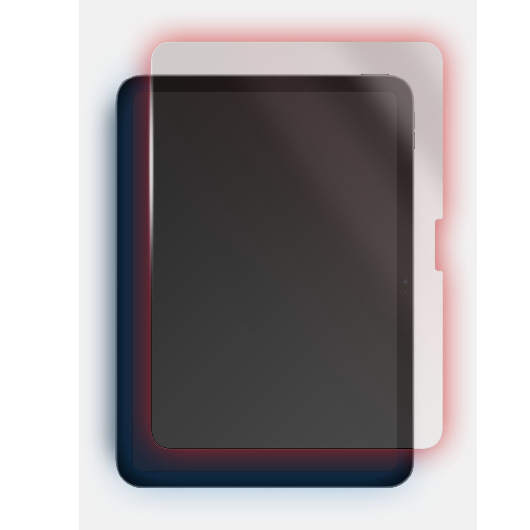 Screen protector for a tablet with red and blue lighting on a white background
