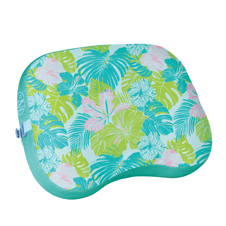 Floral-patterned cushion with green, blue, and pink colors on a white background