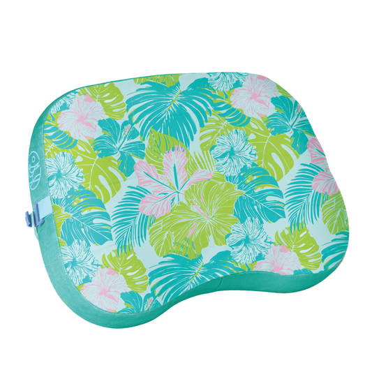 Floral-patterned cushion with green, blue, and pink colors on a white background