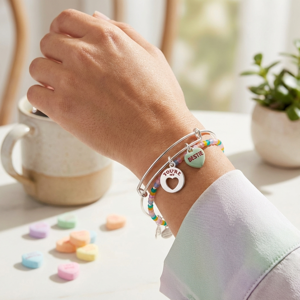 Hand wearing a bracelet with colorful beads and charms on a table with a mug and plant in the background