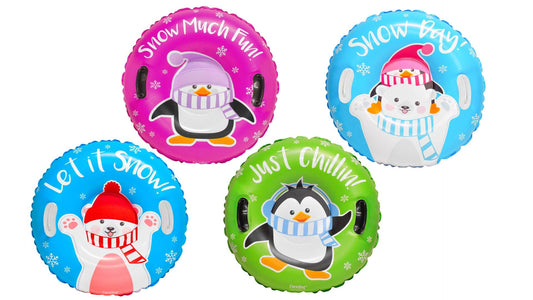 Four inflatable snow tubes with penguin designs and colorful text on a white background