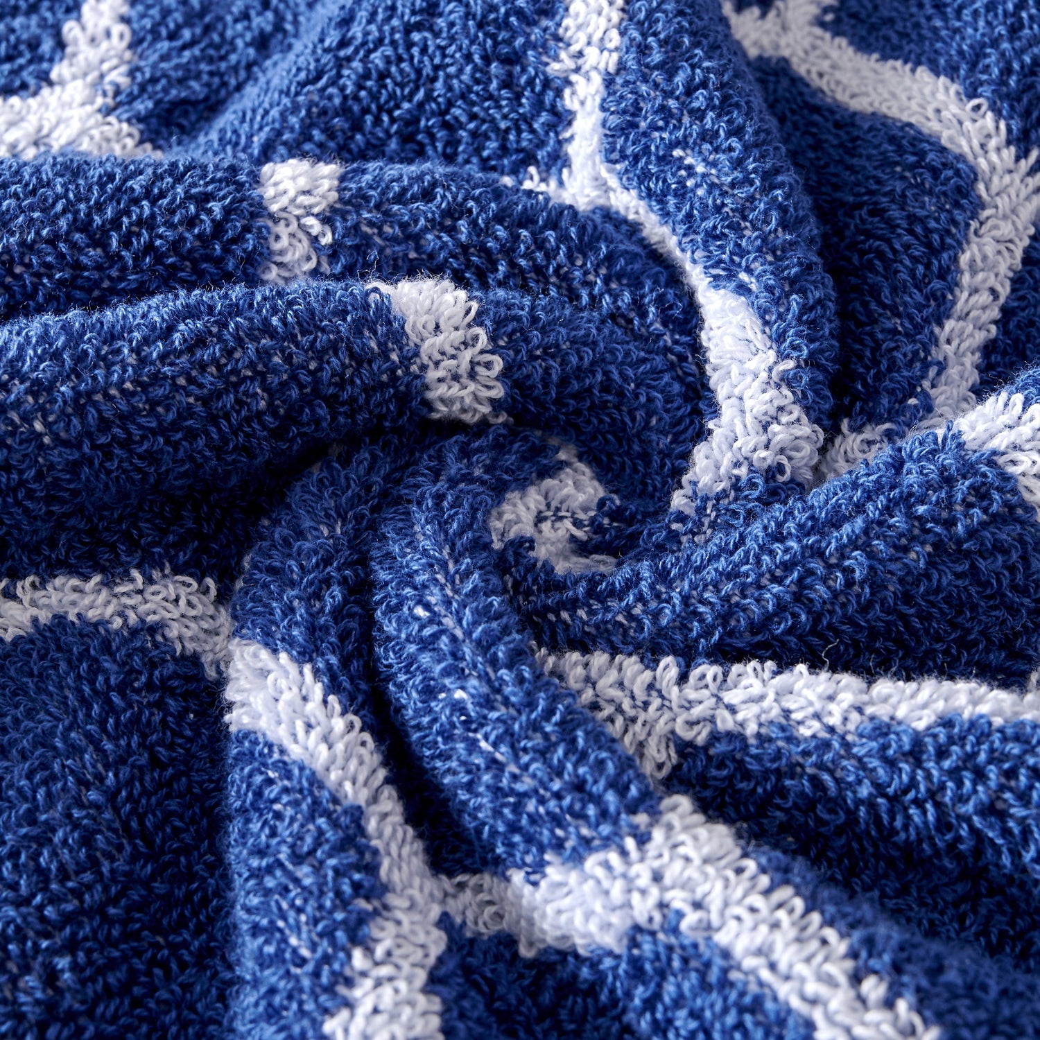 Close-up of blue and white textured fabric with a pattern