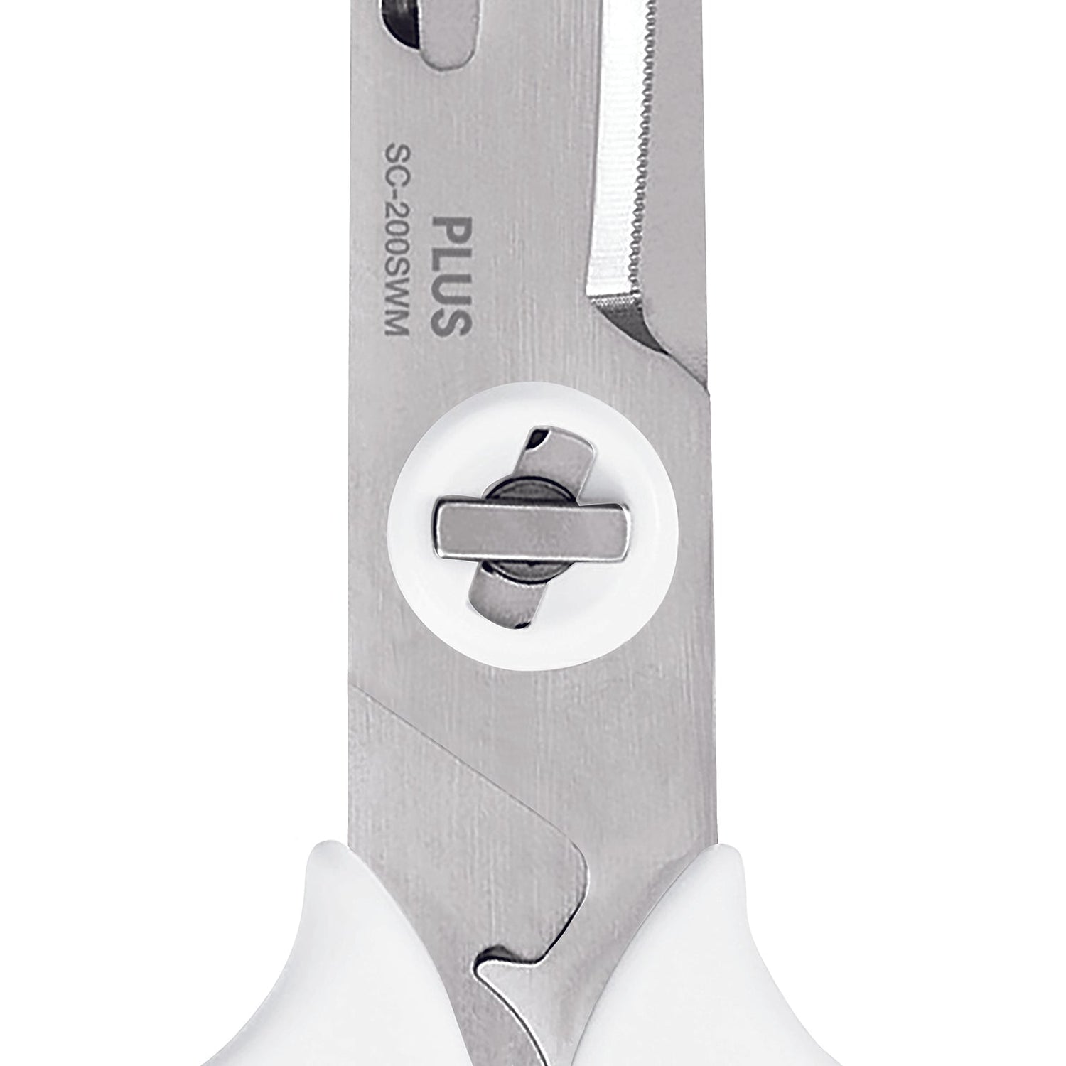 Close-up of a pair of scissors with 'PLUS' branding on a white background