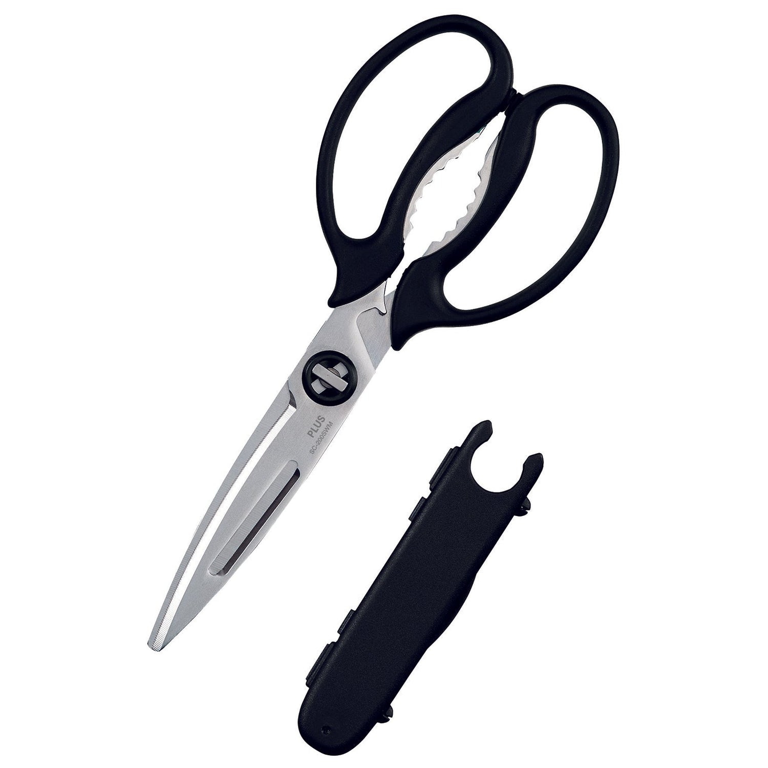 Pair of scissors with black handles and a black sheath on a white background