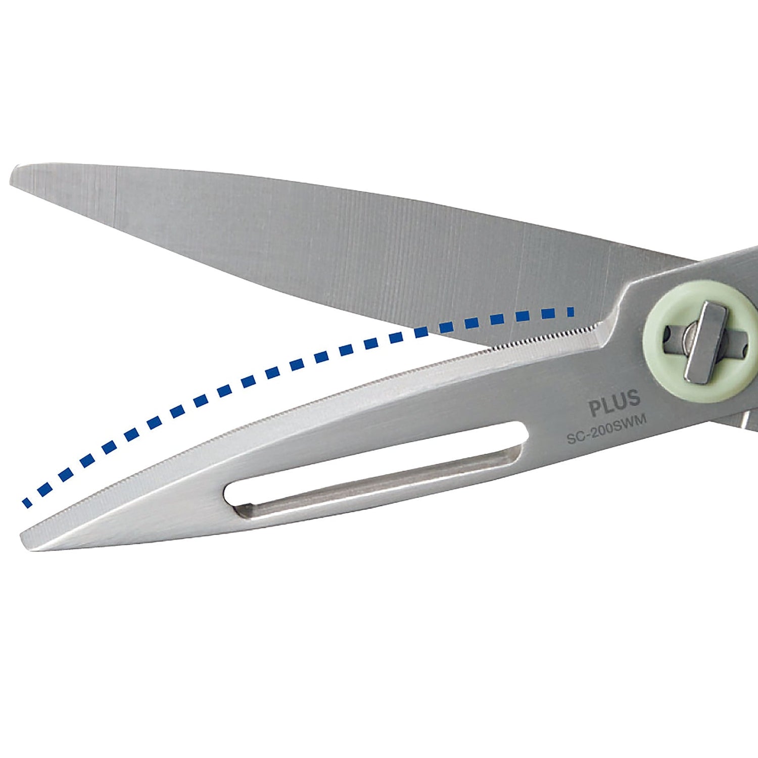 Close-up of a pair of silver scissors with a visible brand logo on a white background