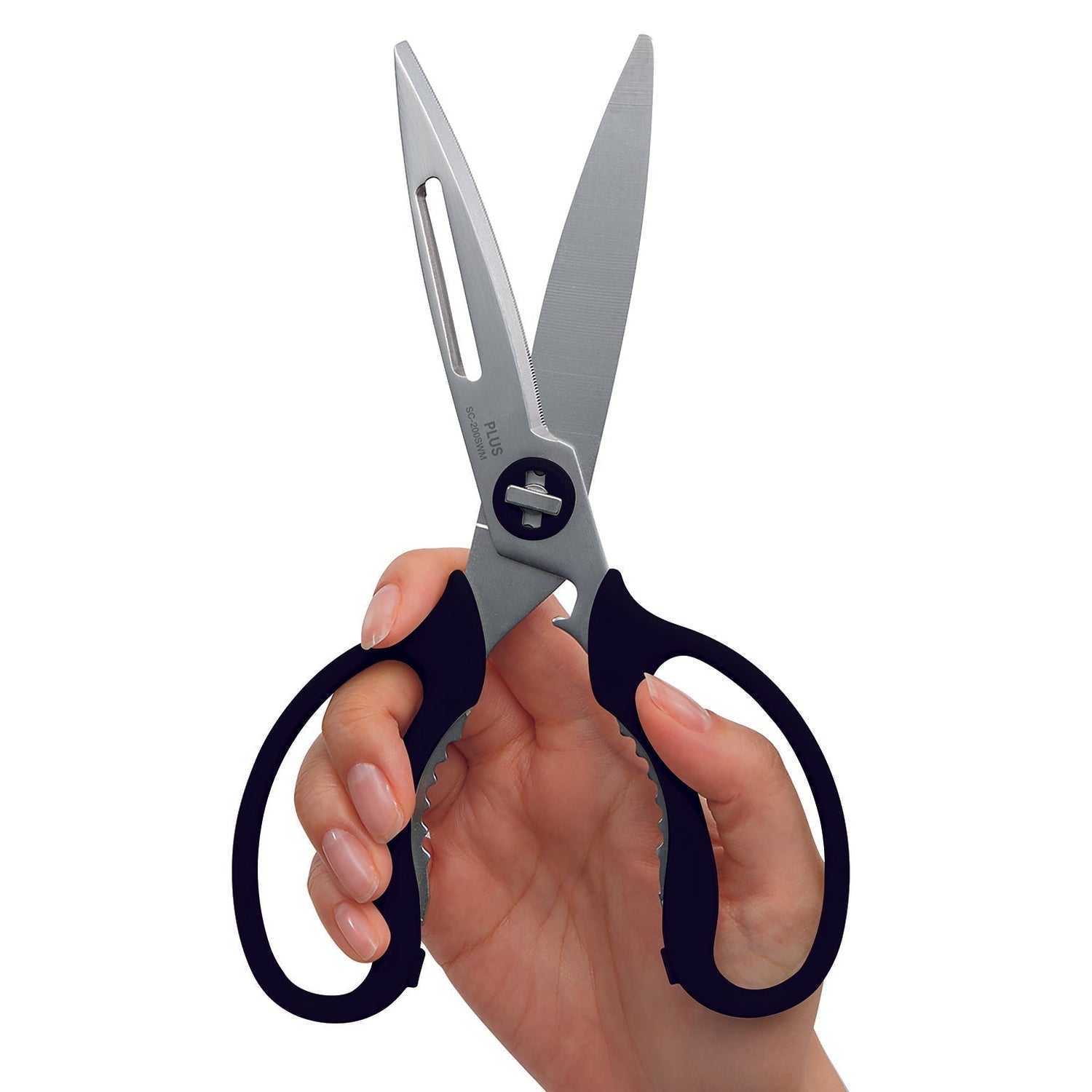 Hand holding a pair of scissors with black handles on a white background