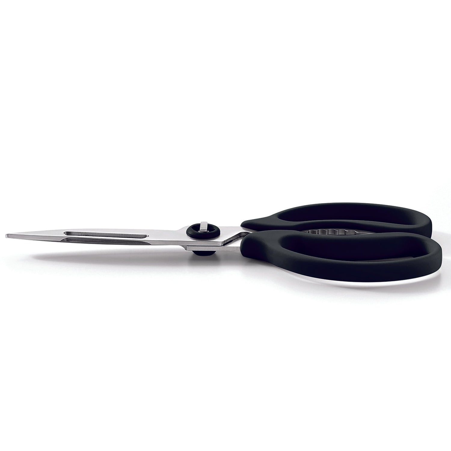 A pair of scissors with black rubberized handles and silver metal blades, shown from a side profile on a clean white background.