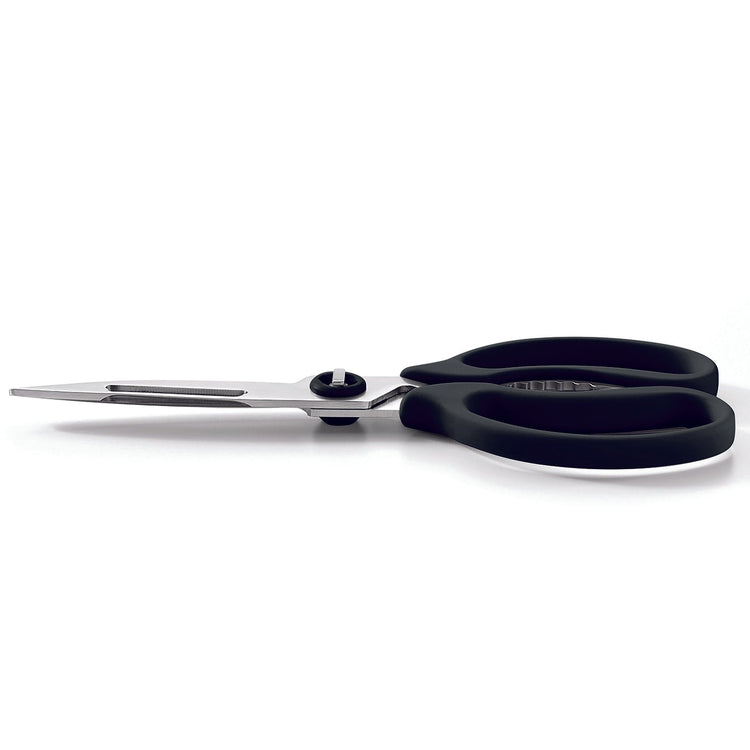 A pair of scissors with black rubberized handles and silver metal blades, shown from a side profile on a clean white background.