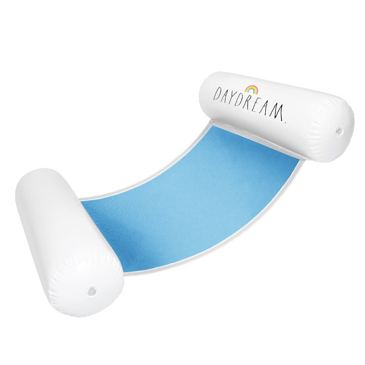 Inflatable lounge chair with blue cushion and 'Daydream' branding on a white background