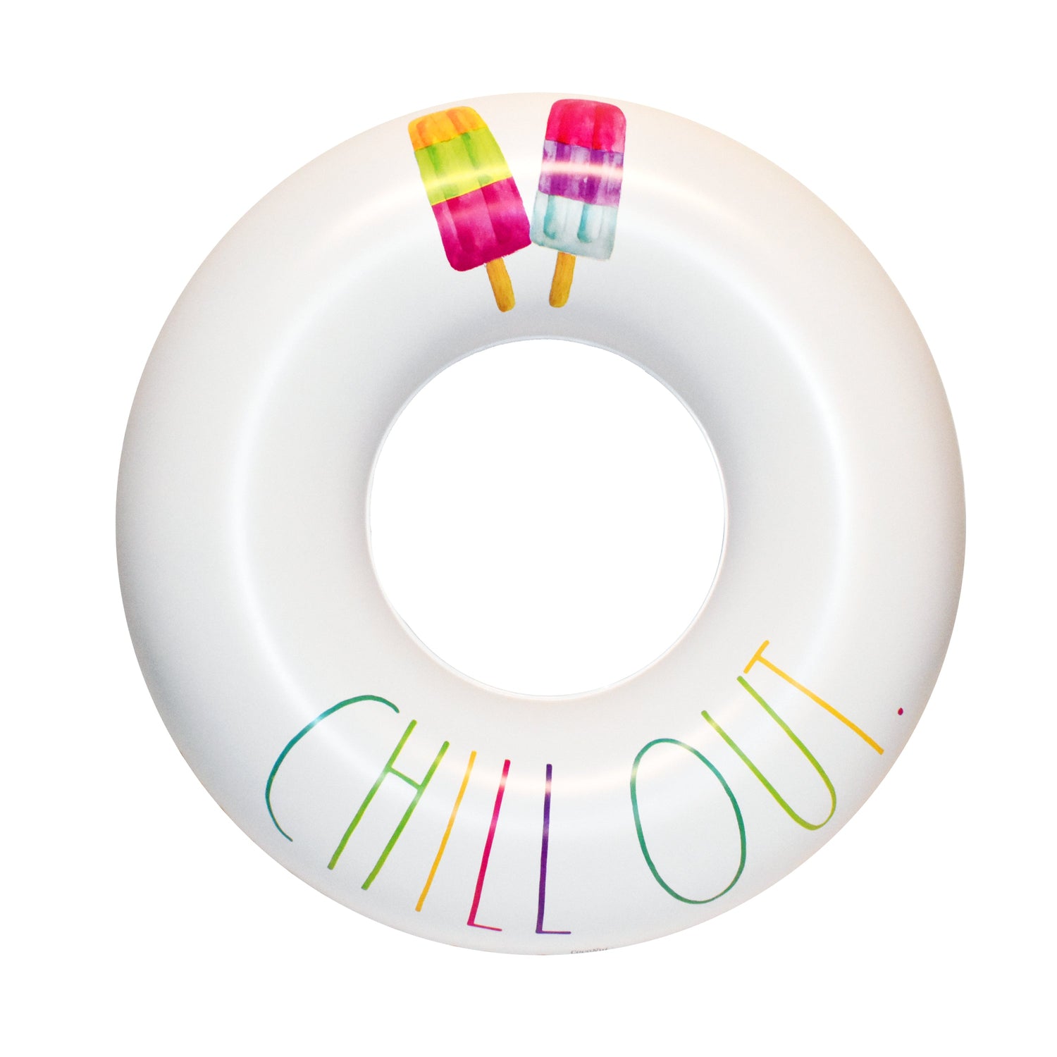 Inflatable ring with 'Chill Out' text and ice cream pops on a white background