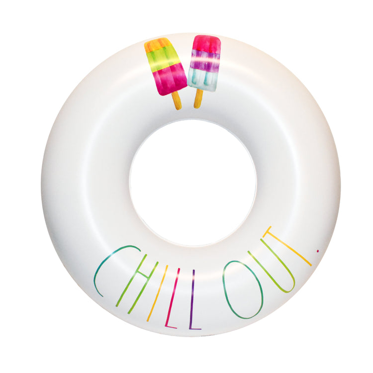 Inflatable ring with 'Chill Out' text and ice cream pops on a white background