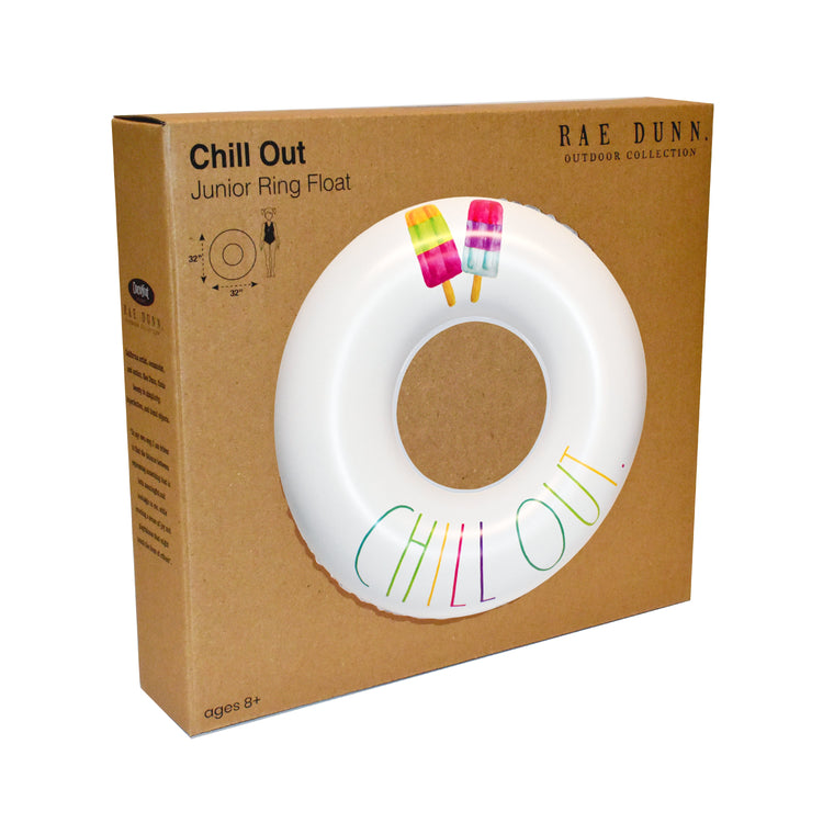 Chill Out Junior Ring Float packaging with colorful text on a brown box