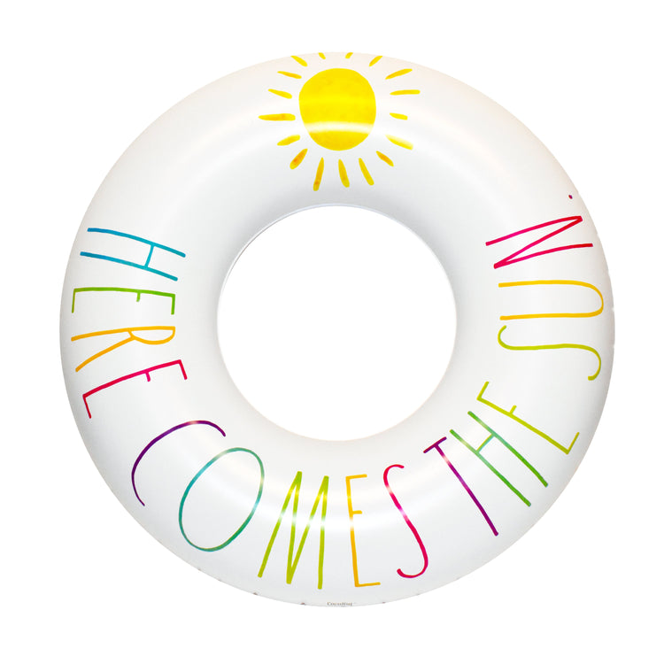 White inflatable ring with colorful text and sun design on a white background