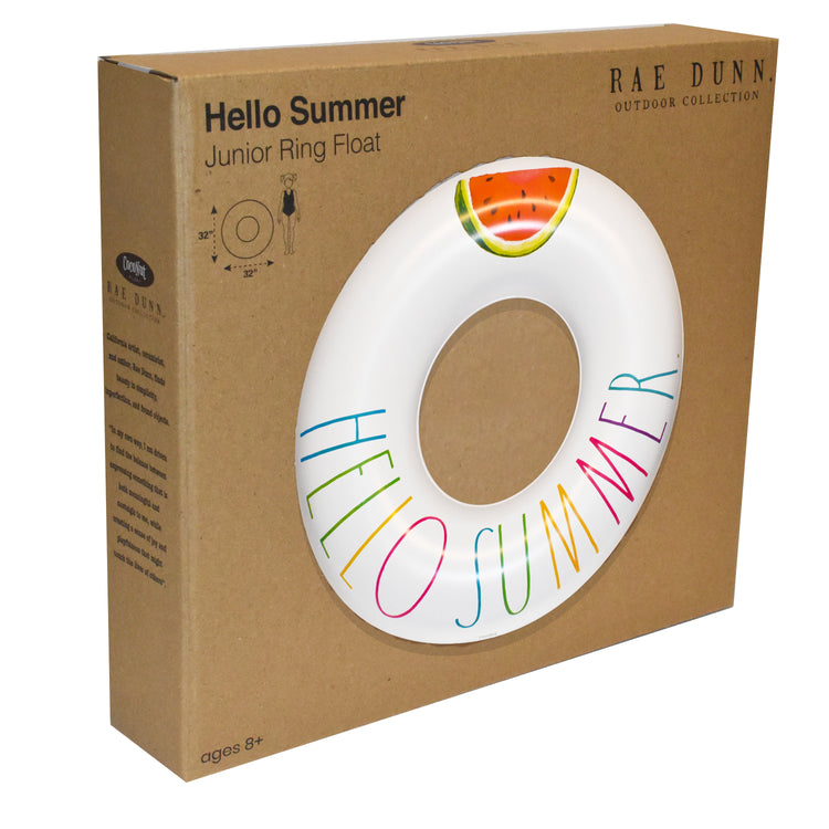 Box packaging for a 'Hello Summer' junior ring float with colorful text and watermelon design.