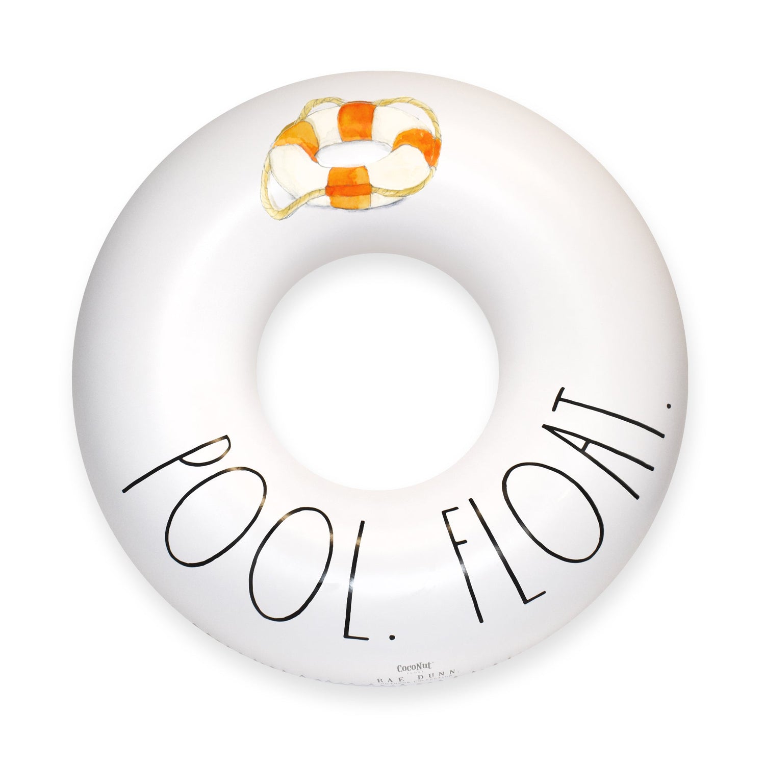 White pool float with 'POOL FLOAT' text and a life buoy design on a white background