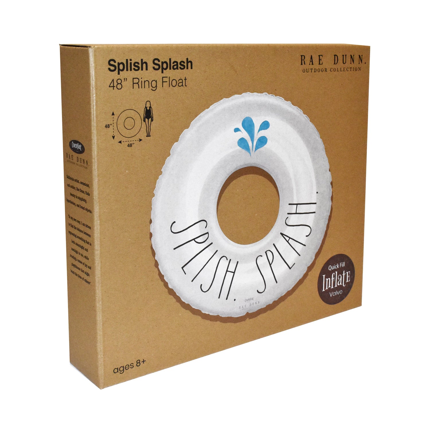 Box packaging of a 'Splish Splash' 48" Ring Float with 'Rae Dunn' branding.