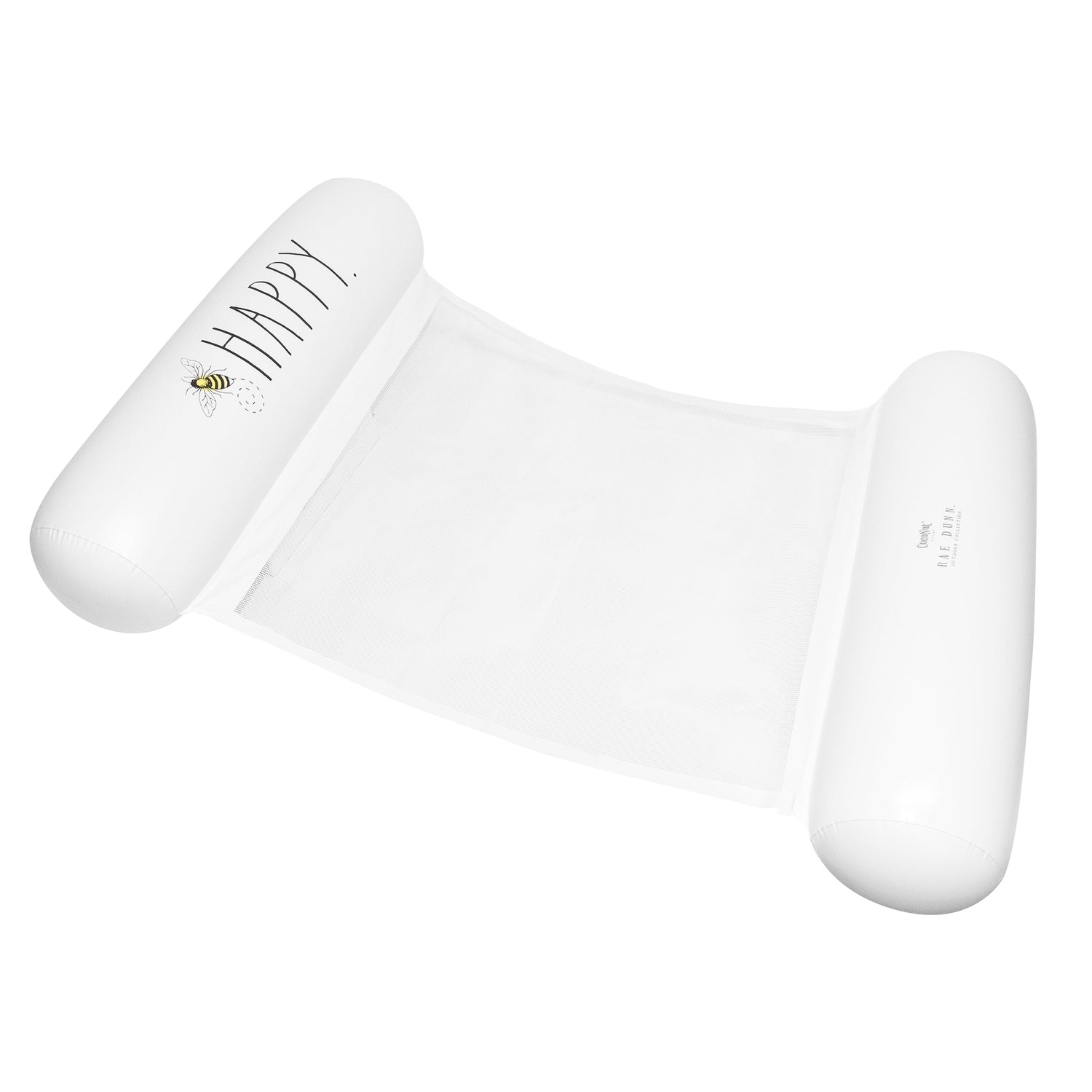 White inflatable pool float with 'HAPPY' text on a white background