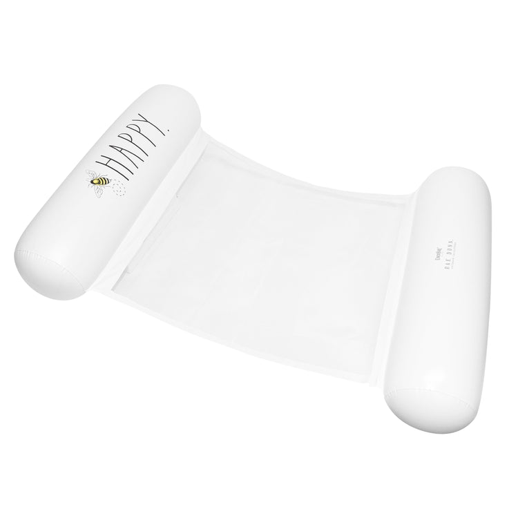White inflatable pool float with 'HAPPY' text on a white background