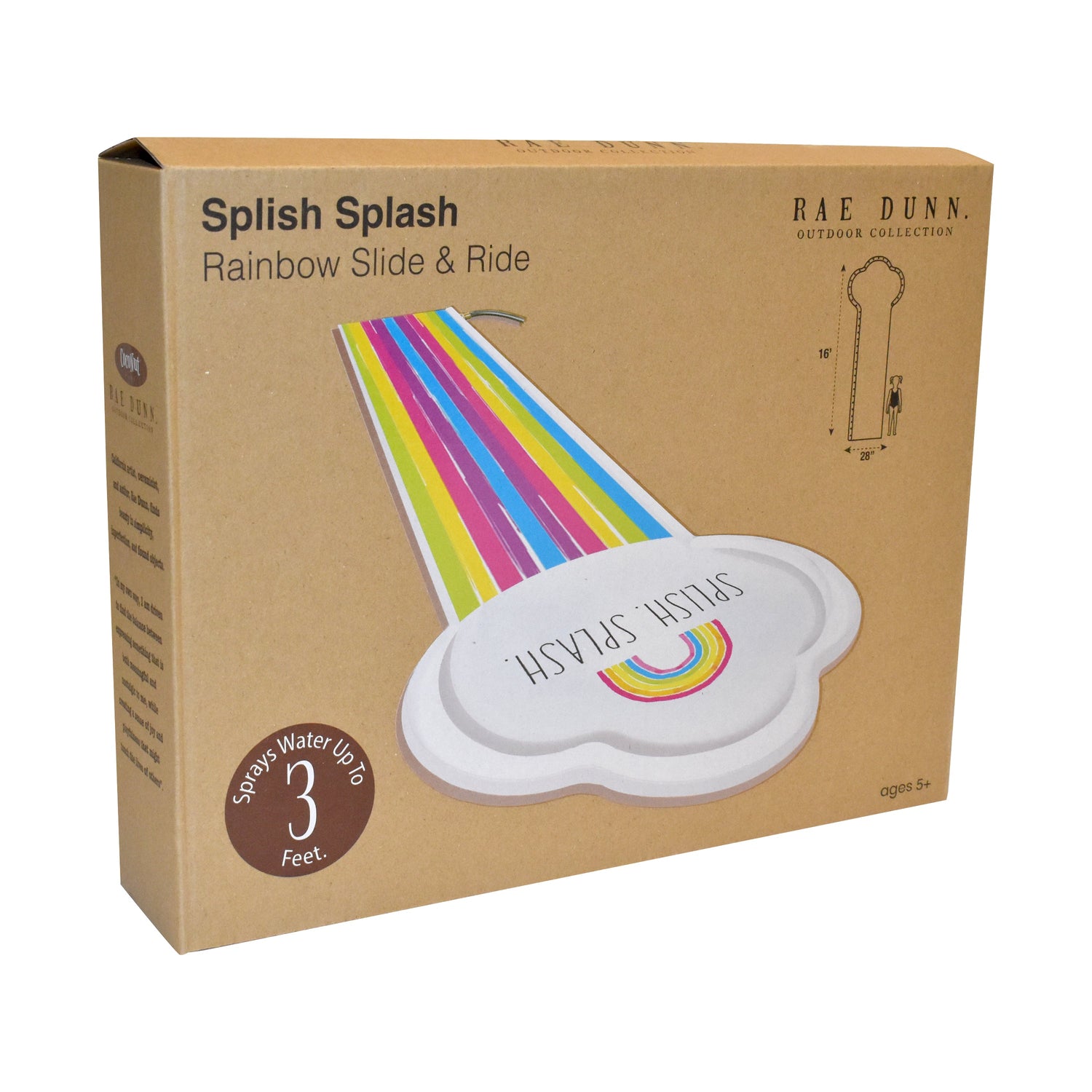 Box packaging of a 'Splish Splash' rainbow slide and ride product by Rae Dunn.
