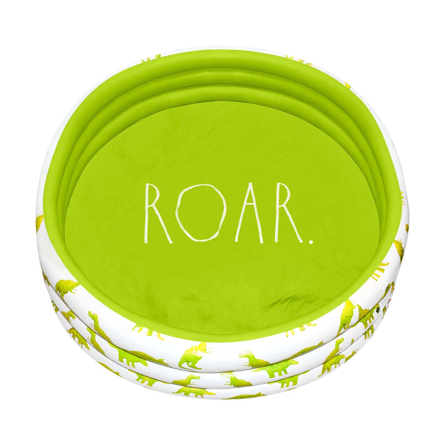Green pet bowl lid with 'ROAR' text and white base with green dinosaur prints on a white background