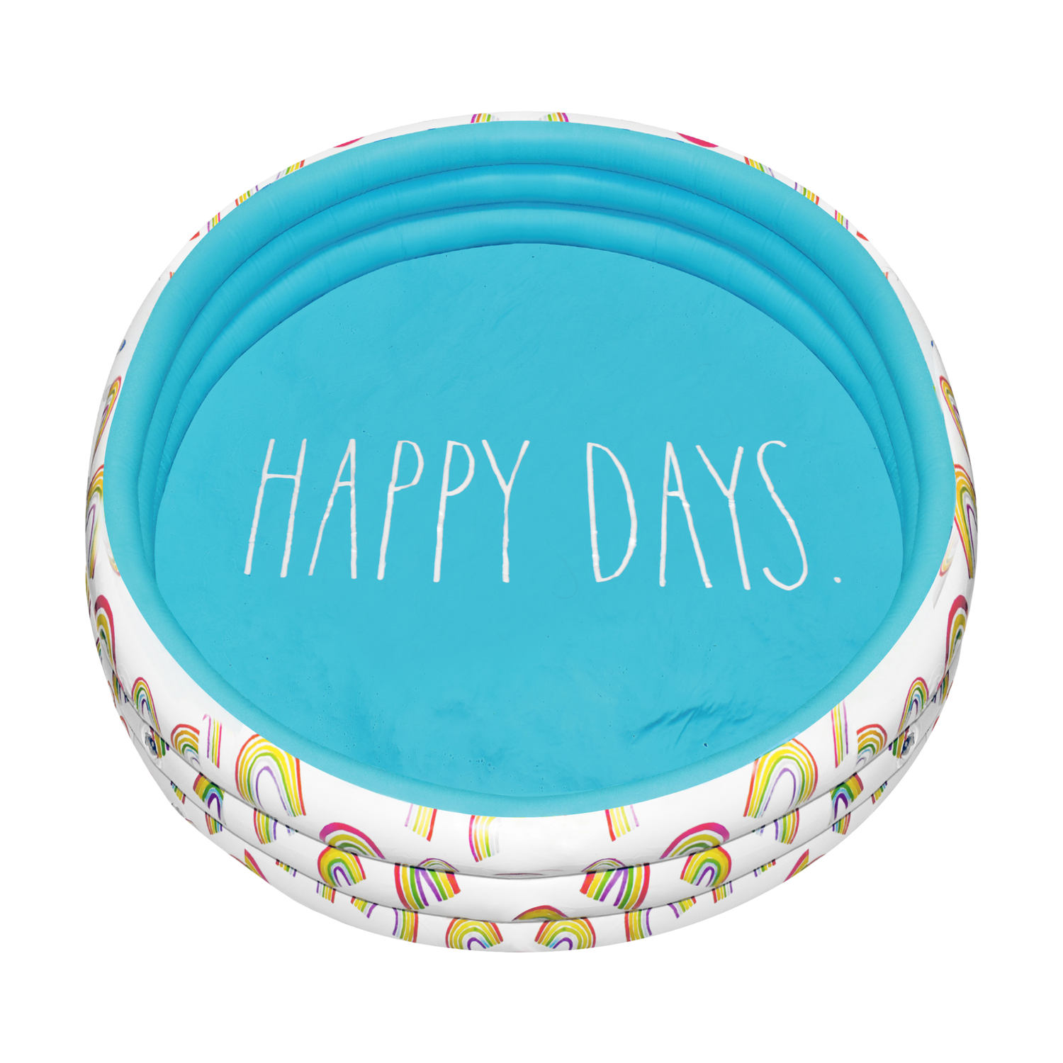 Collapsible water bowl with 'Happy Days' text and rainbow pattern on a white background