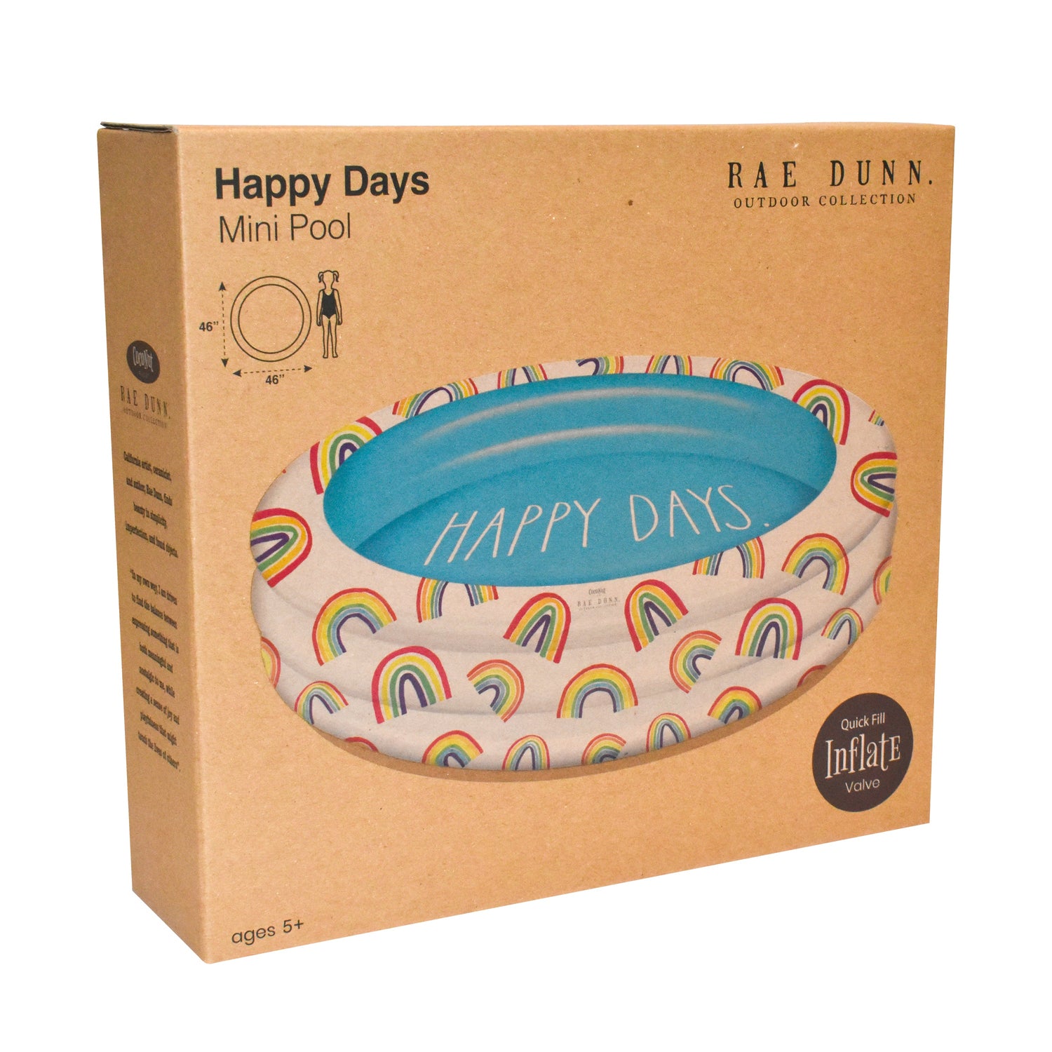 Packaging of a 'Happy Days' mini pool with rainbow design, featuring the brand 'Rae Dunn'.