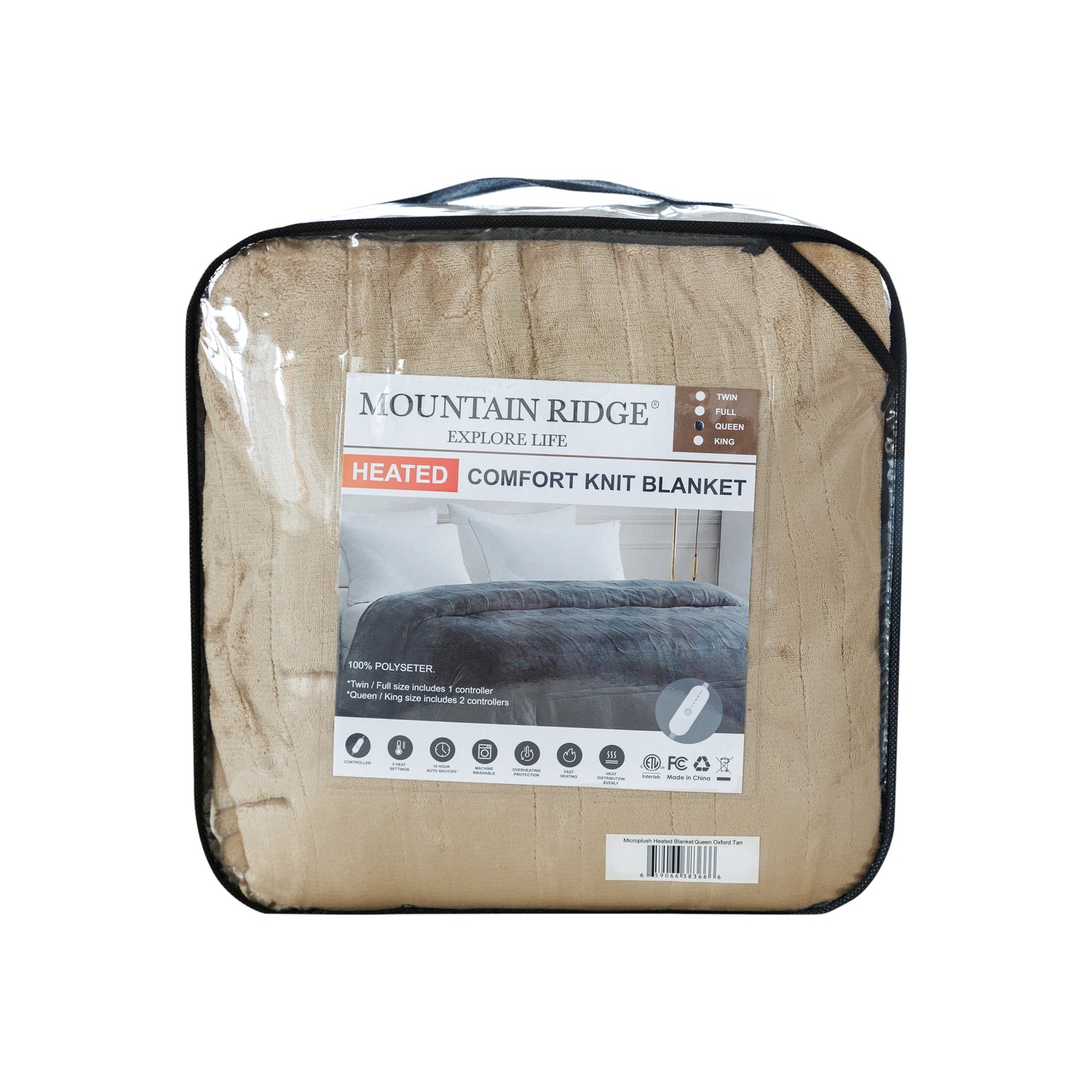 Mountain Ridge heated comfort knit blanket packaging on a white background