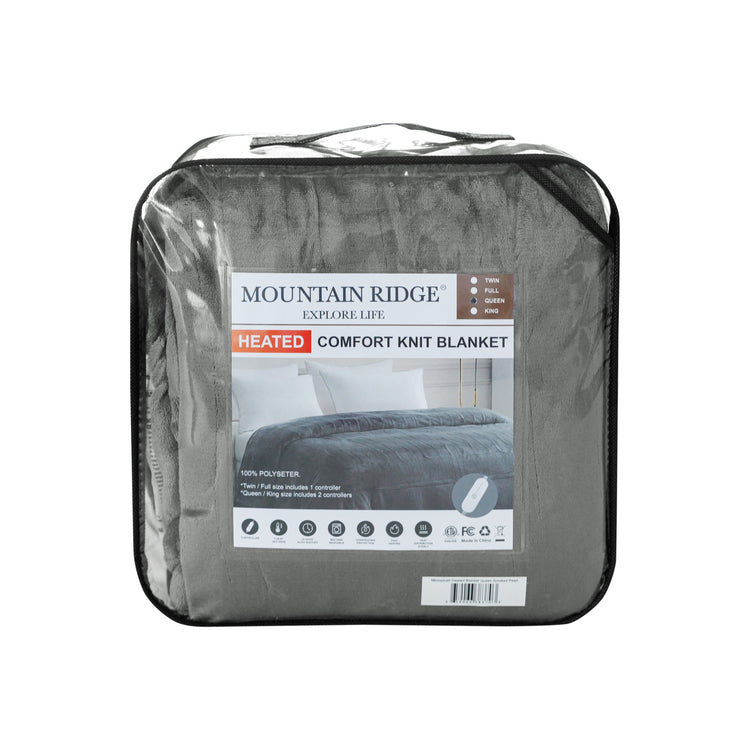 Packaged Mountain Ridge heated comfort knit blanket with clear cover