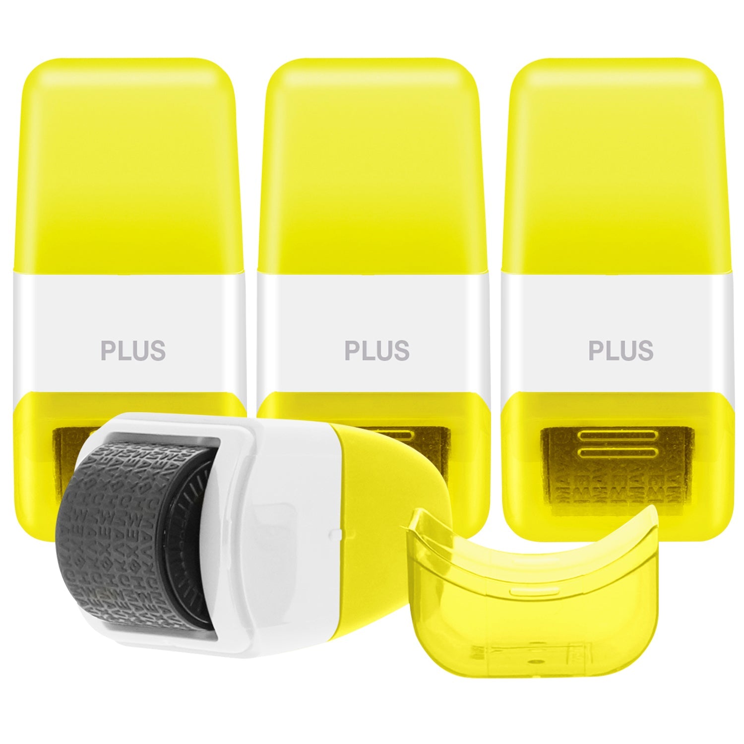 Three yellow and white containers with a black wheel-like component on a white background