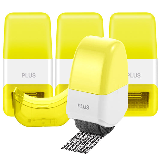 Yellow and white PLUS label printer with a roll of black and white label tape on a white background