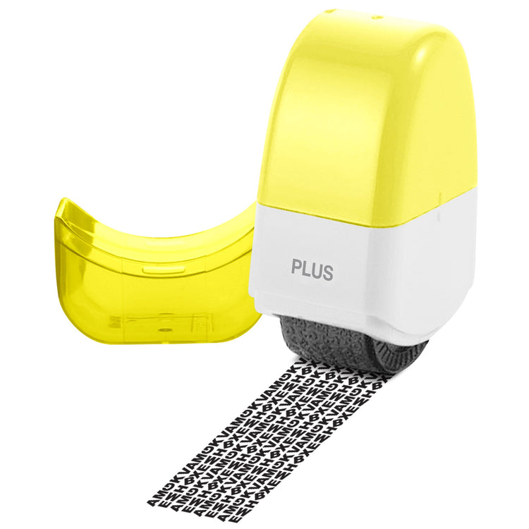 Yellow and white Plus brand stamp with black and white patterned ribbon on a white background