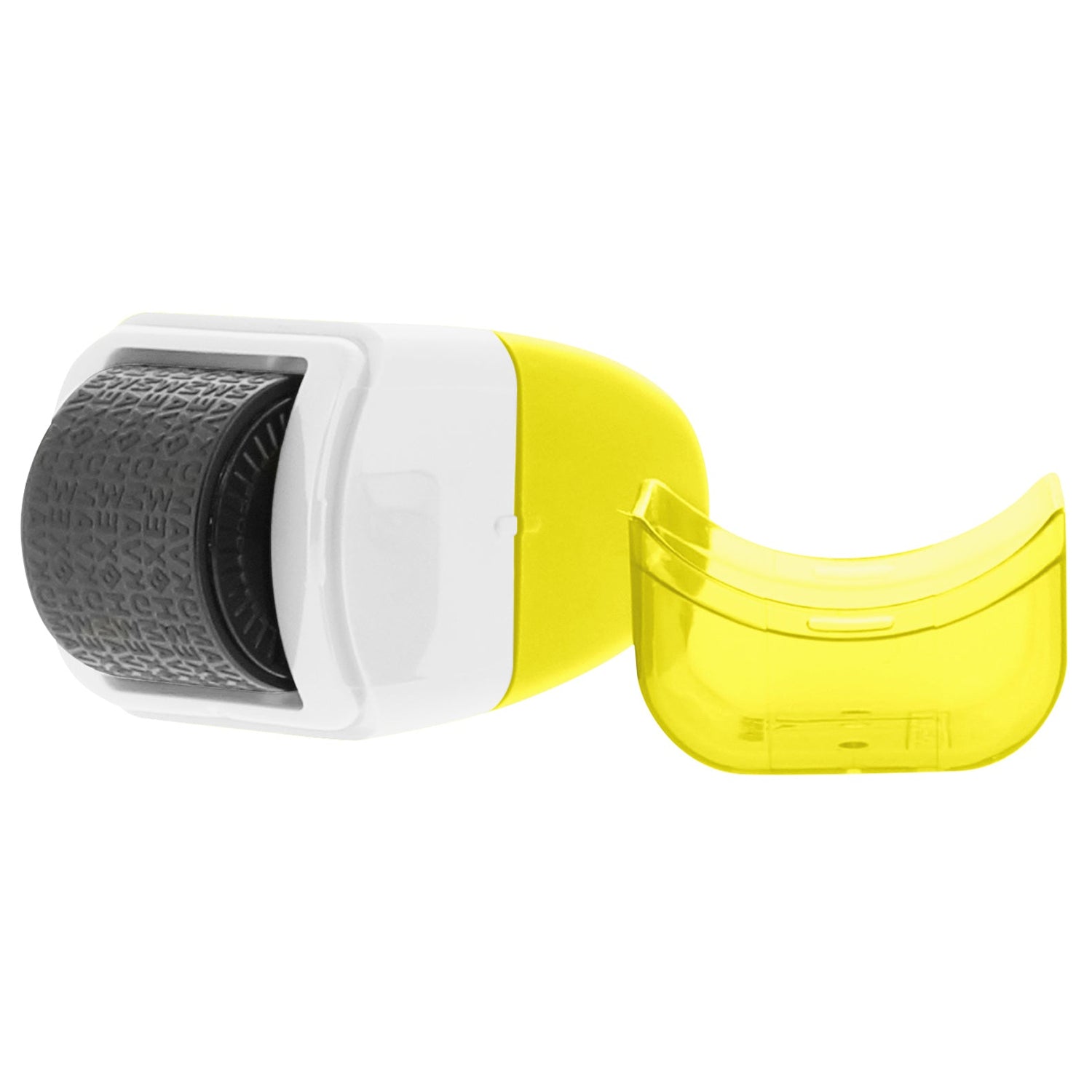 Roll of tape with a textured black end and yellow casing on a white background