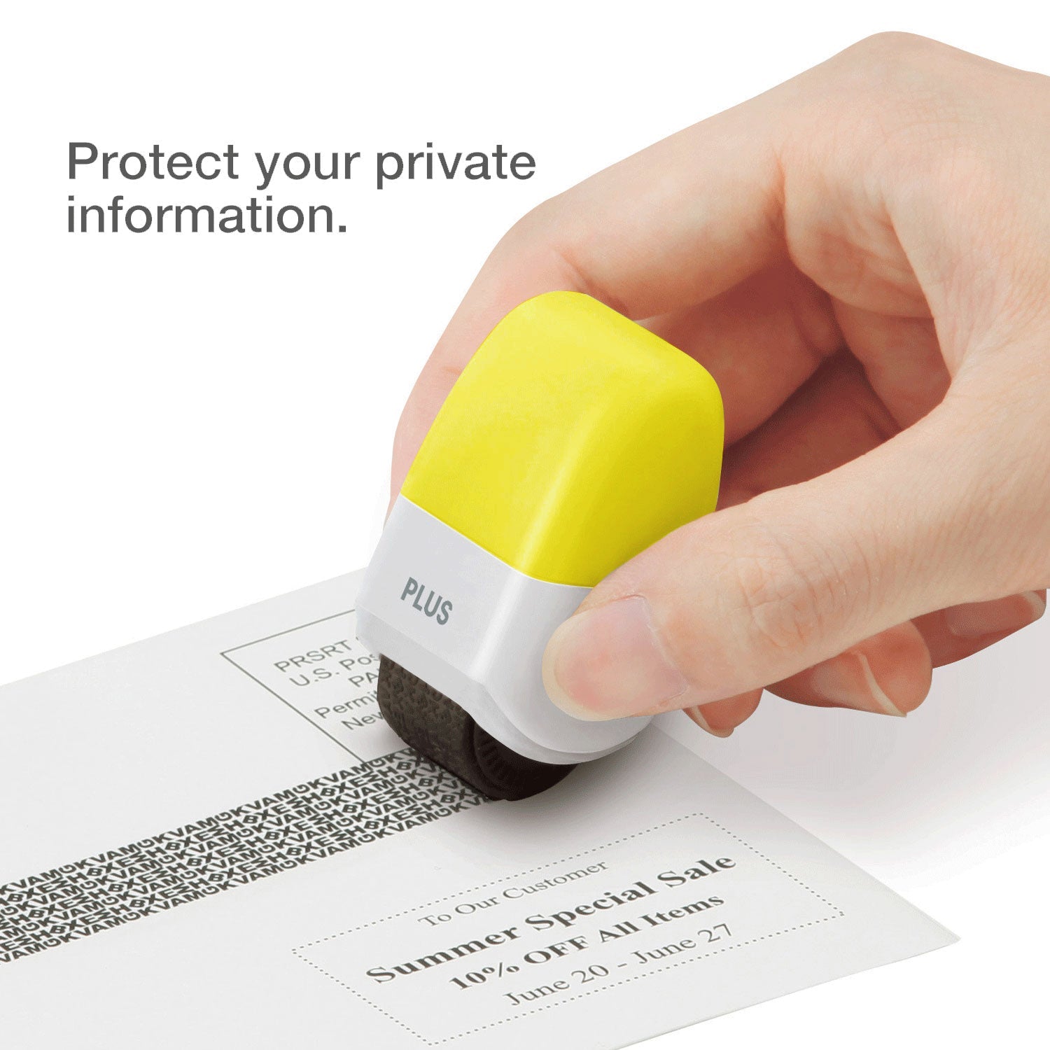Hand using a yellow and white stamp on a document with text 'Protect your private information.'