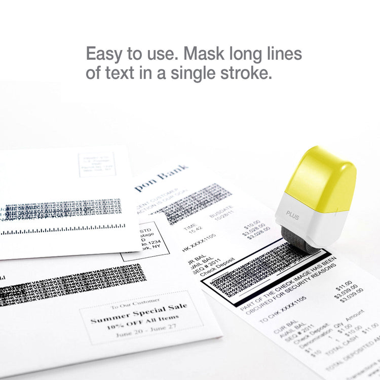 Yellow and white stamp on a sheet of paper with text, with text 'Easy to use. Mask long lines of text in a single stroke.'